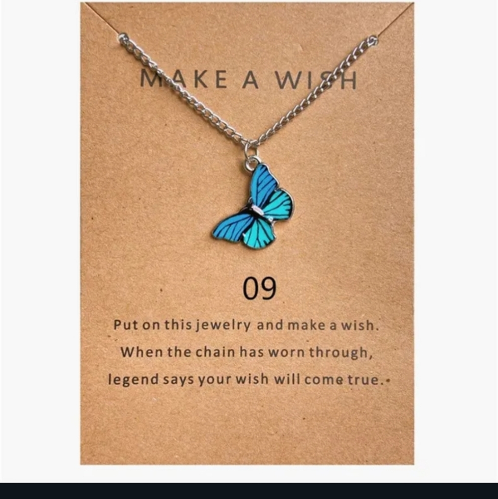 NWT Adorable Boho Blue Butterfly Make A Wish Silver Pendant Necklace!!